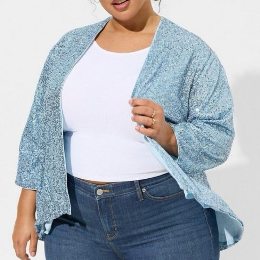 Torrid Kimono Cool Blue Sequin Cardigan Jacket 3X